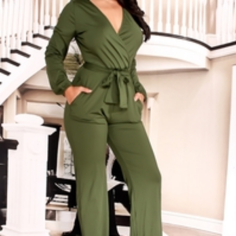 Long sleeve V Neck Jumpsuit with belt.